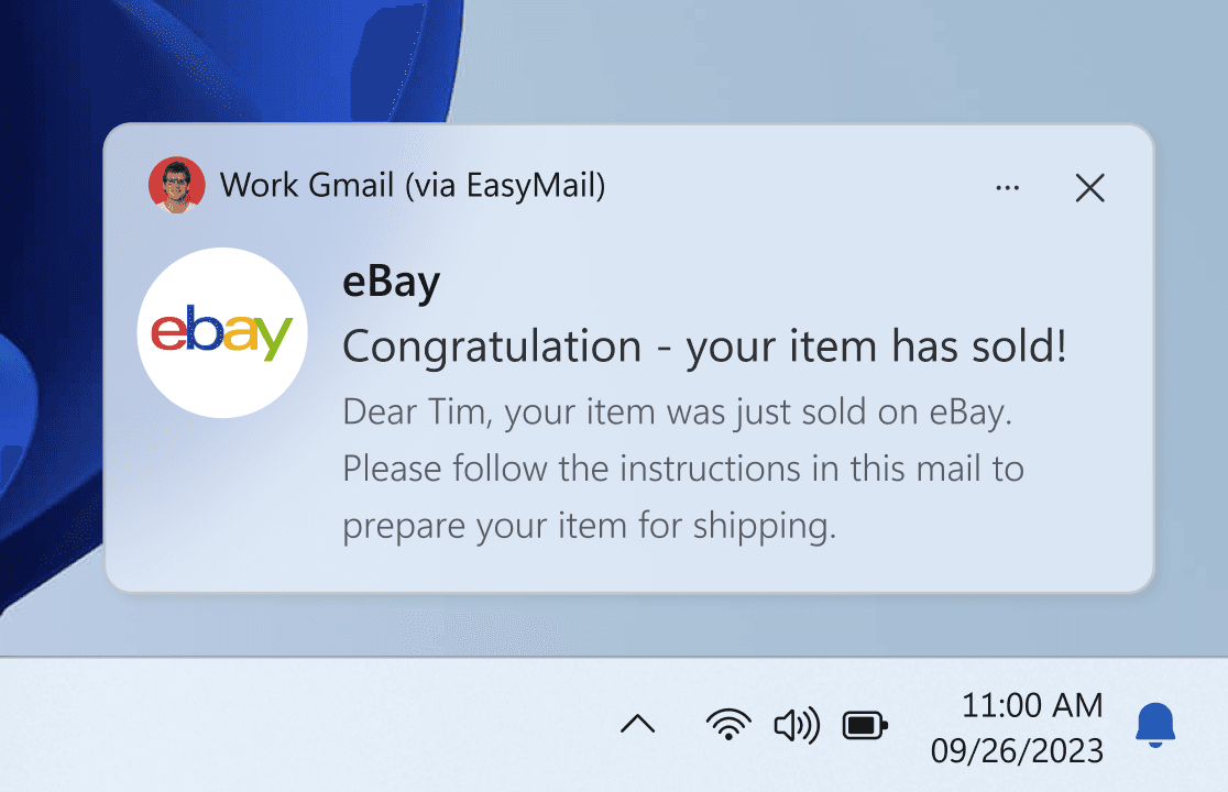 EasyMail notification settings and a Windows notification